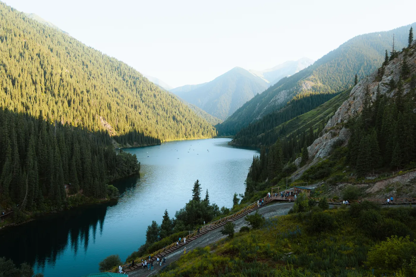 Kolsai Lake in a forested mountain valley